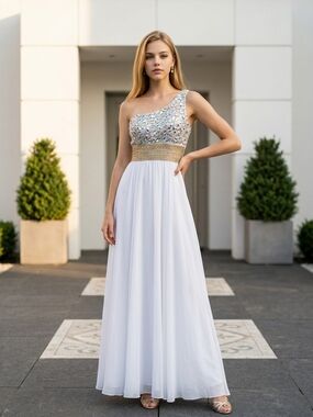 One-Shoulder White Evening Gown with Crystal Embellished Bodice